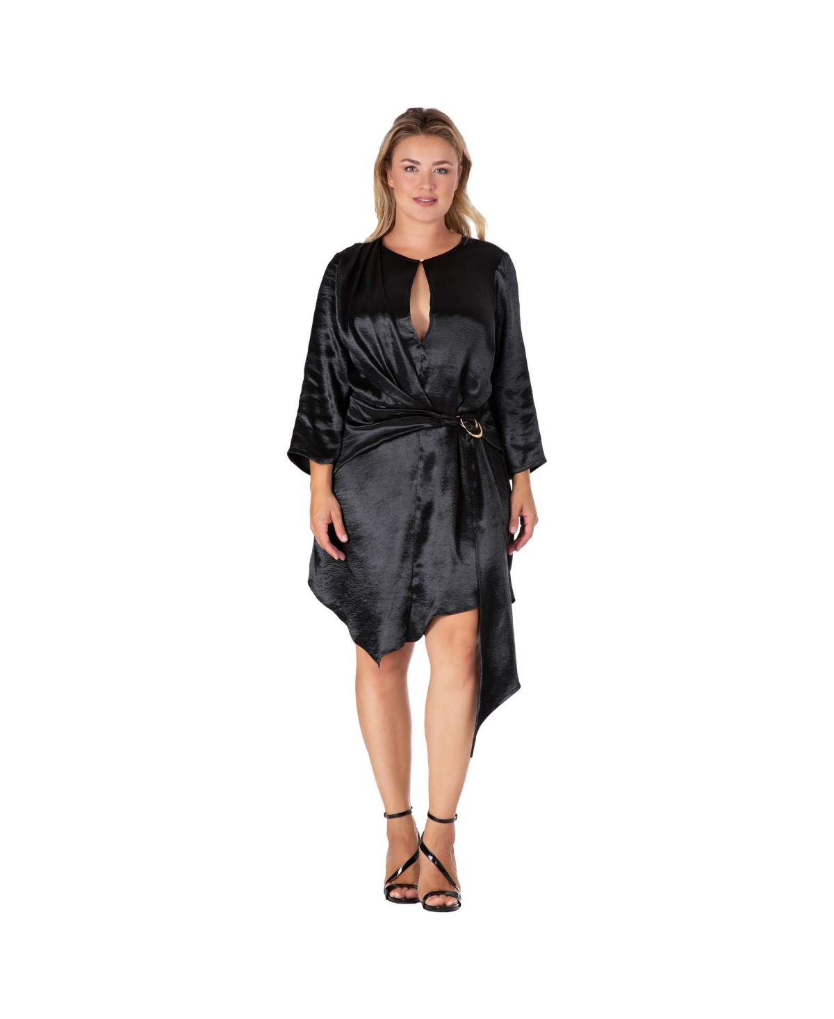 Women's Plus Size Long Sleeves Black Satin Mini Dress - Black