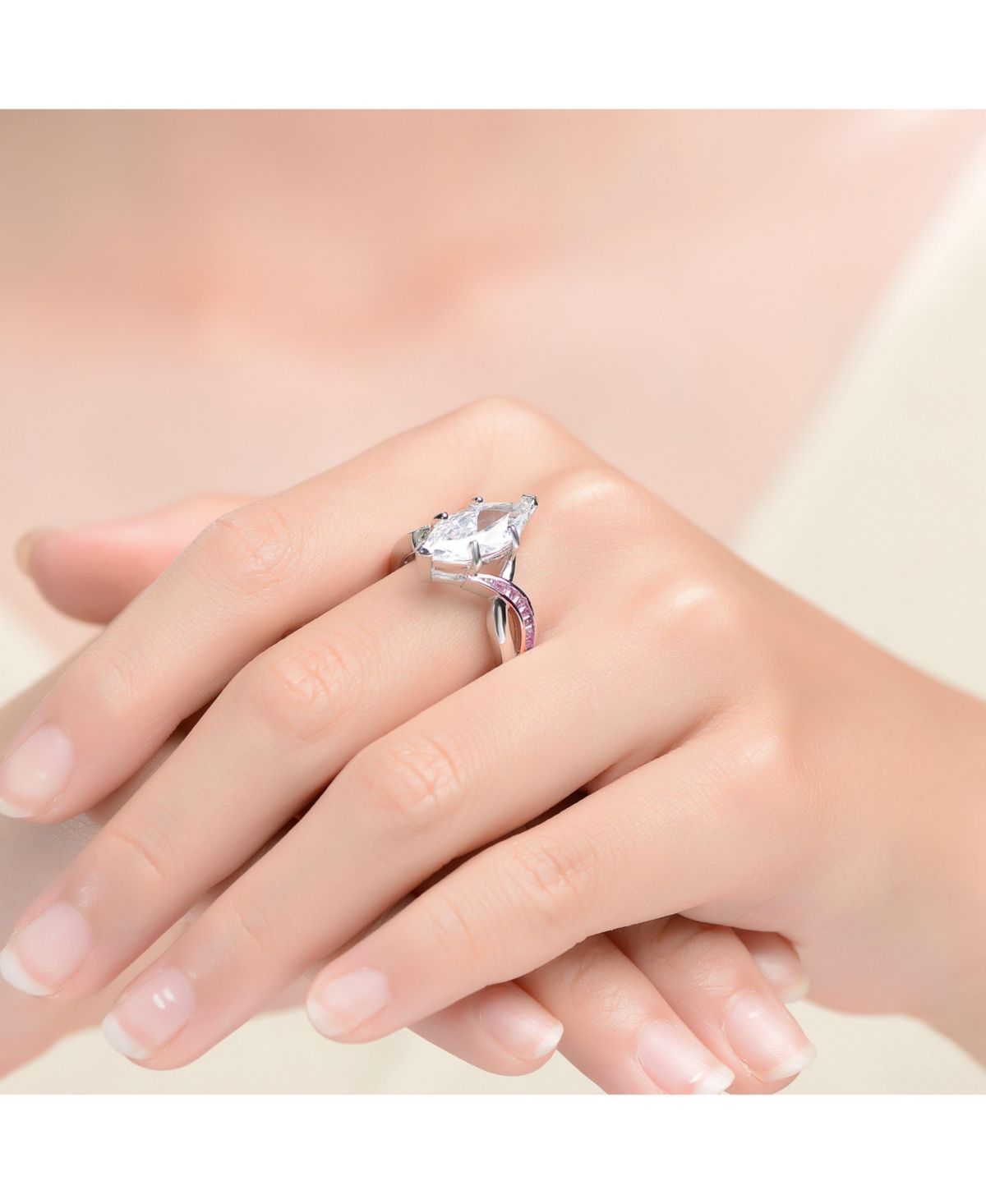 Stunning Sterling Silver Two Tone Plated with Clear andCubic Zirconia Ring - Pink