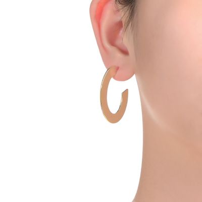 Stylish 14K Gold Plated Ribbed Narrow Open Circle Hoop Earrings