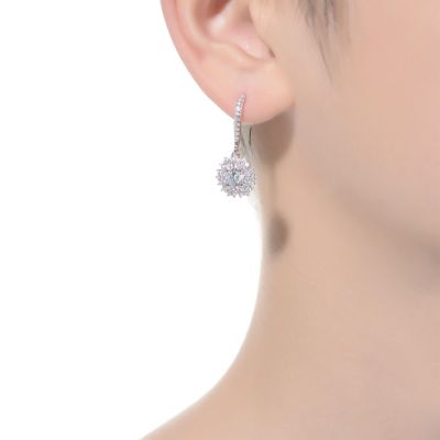 White Gold Plated with Cubic Zirconia Snowflake Cluster Drop Earrings with Wire Hooks