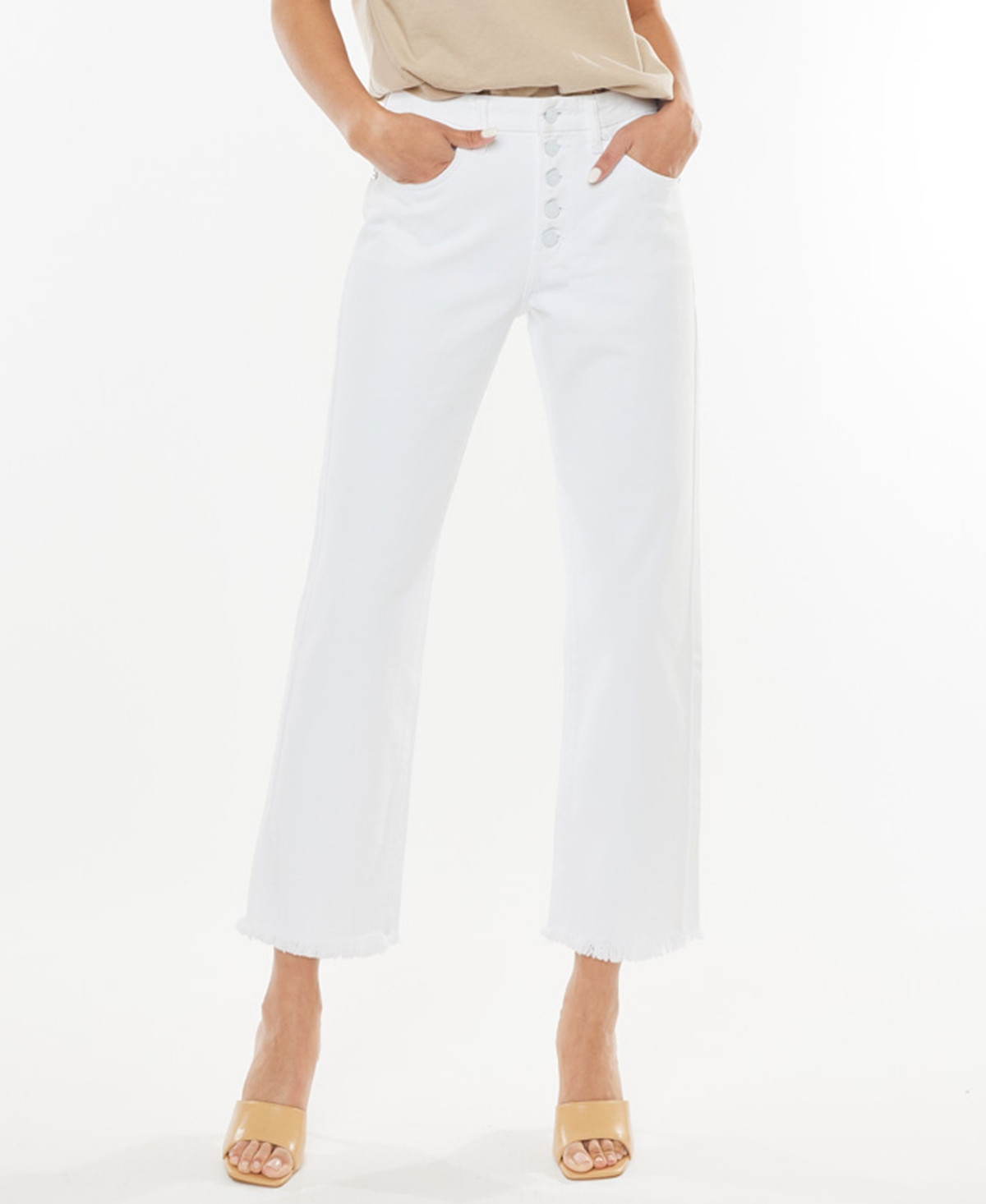 Kancan Women's High Rise Straight With Exposed Button Jeans In White