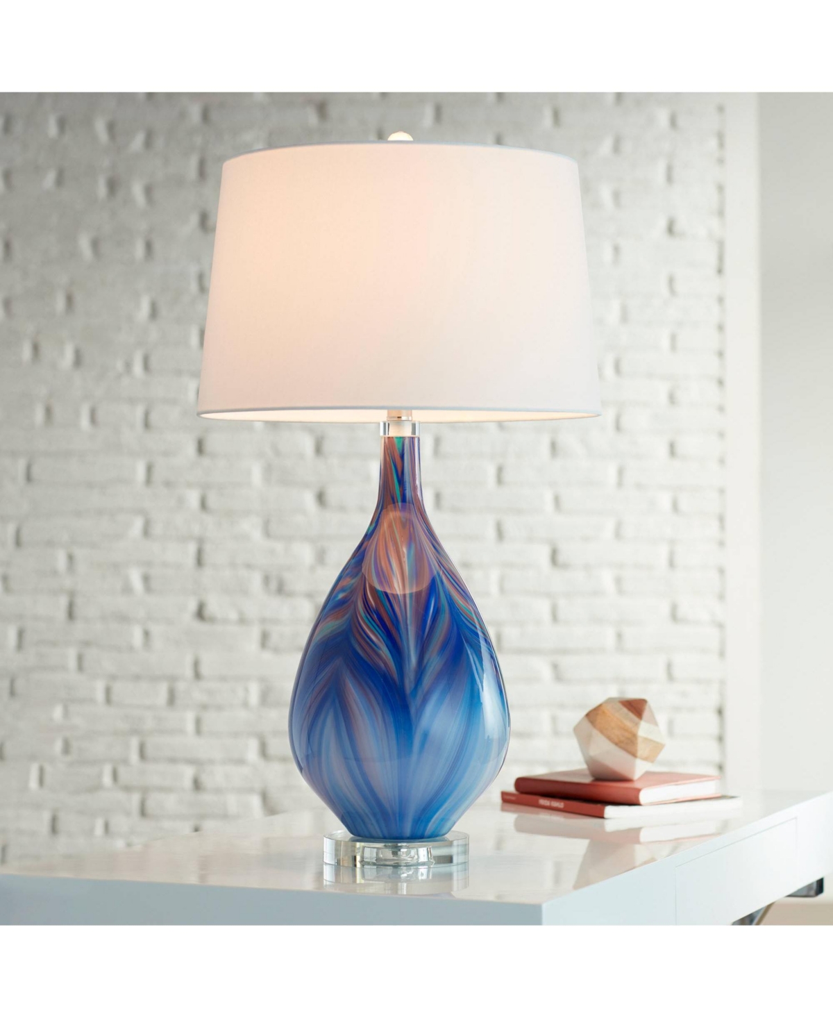 Possini Euro Design Taylor 29" Tall Teardrop Modern Coastal End Table Lamp Blue Art Glass Single White Shade Living Room Bedroom