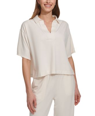 DKNY - Women's Solid Johnny Collar Split-Neck Top