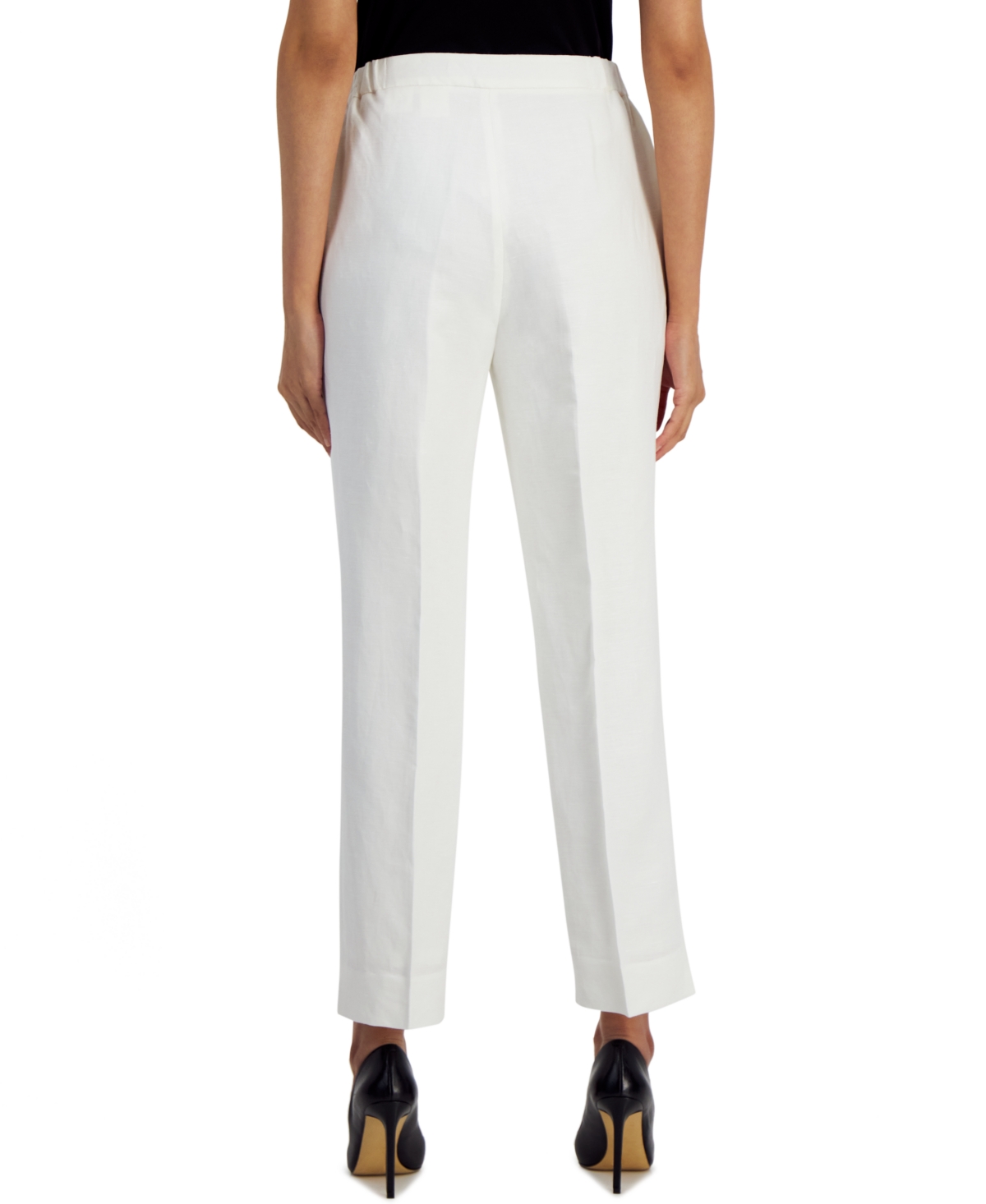 Shop Kasper Petite Linen-blend Mid Rise Straight Leg Pants In Lily White
