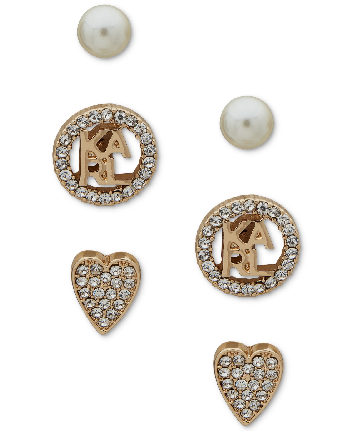 Gold-Tone 3-Pc. Set Pave Heart, Logo & Imitation Pearl Stud Earrings - Pearl