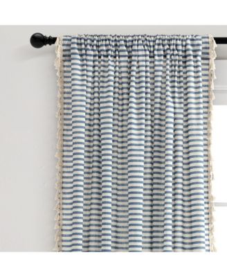 Boho Coastal Horizontal Ticking Stripe Tassel Window Curtain Panels