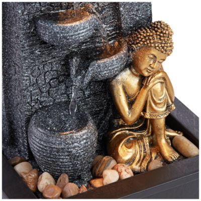 Kneeling Gold Buddha 17" High Small Zen Asian Indoor Outdoor Decor Faux Stone Tabletop Fountain with Light LED