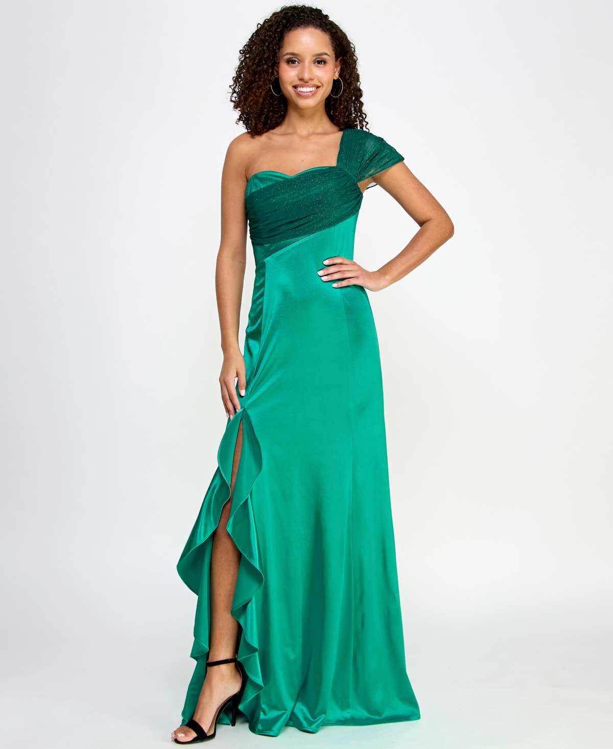 Juniors' One-Shoulder Tulle-Bodice Gown - Jade