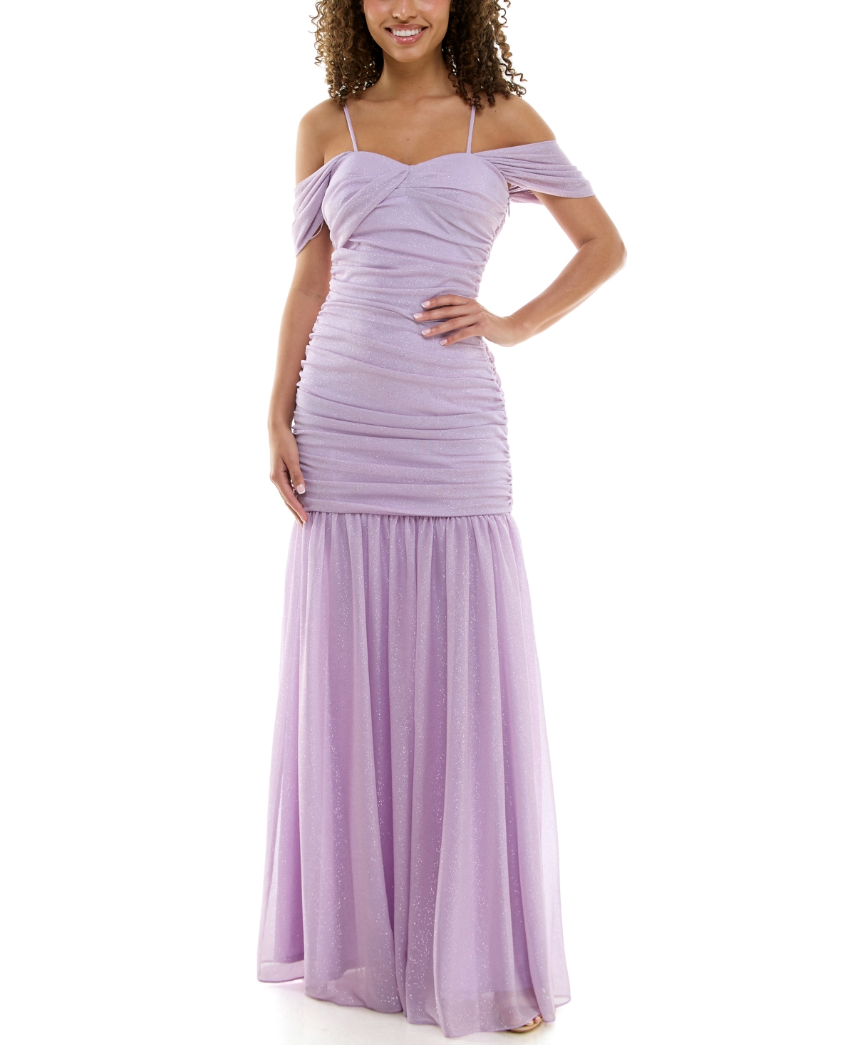 Juniors' Ruched Glitter Mermaid Gown - Lilac