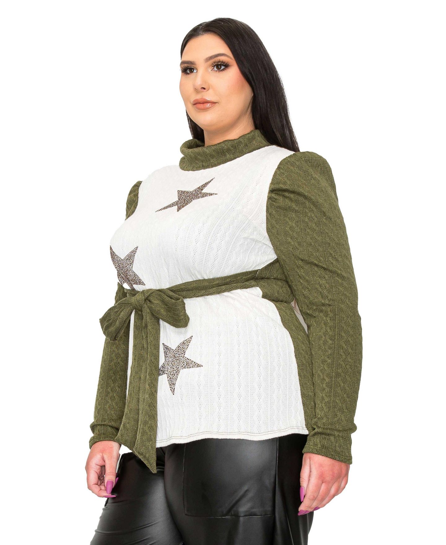 Женский свитер L I V D Plus Size Britt Star Embellished Waist Tie, цвет: Оливковый белый — фото 2