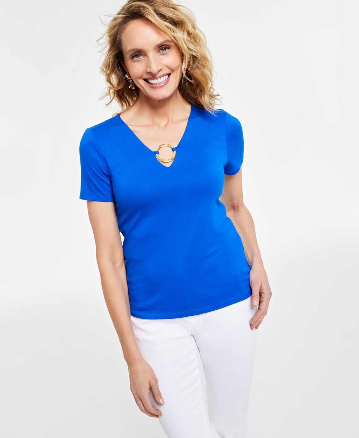 Inc International Concepts Women's O-ring Short-sleeve Keyhole Top, Created For Macy's In Intense Cobalt