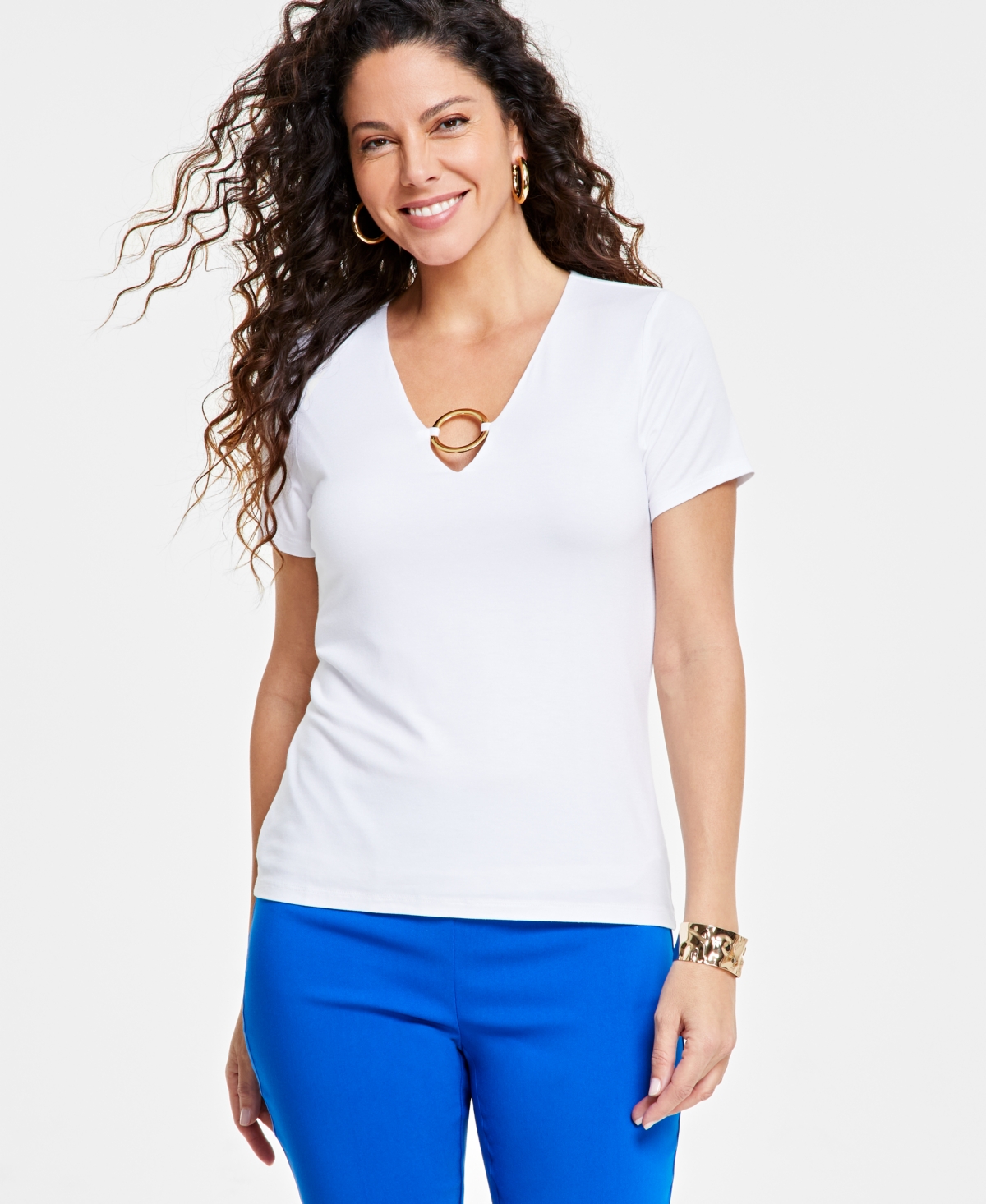 Inc International Concepts Women's O-ring Short-sleeve Keyhole Top, Created For Macy's In Bright White