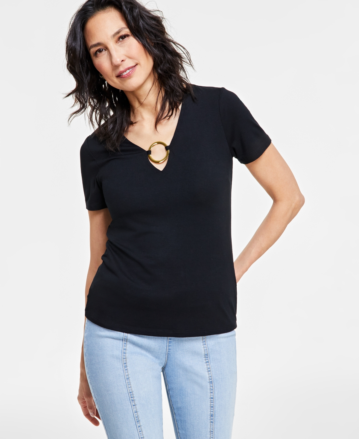 Inc International Concepts Women's O-ring Short-sleeve Keyhole Top, Created For Macy's In Deep Black