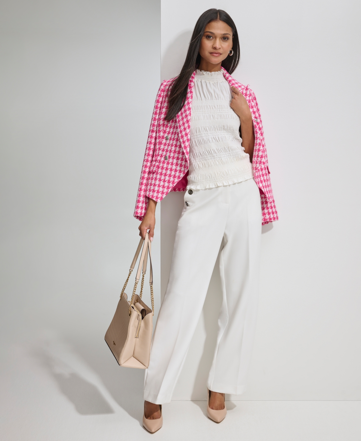 Shop Karl Lagerfeld Women's Houndstooth Tweed Single-button Blazer In Fuchsia,soft White