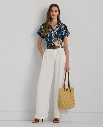 Lauren Ralph Lauren Women's Linen Short-Sleeve Shirt - Blue Multi - Size XL