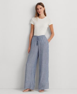 パンツ Ralph Lauren Stripe Linen Pants Lauren Ralph Lauren Women's Linen Striped Wide-Leg Pants