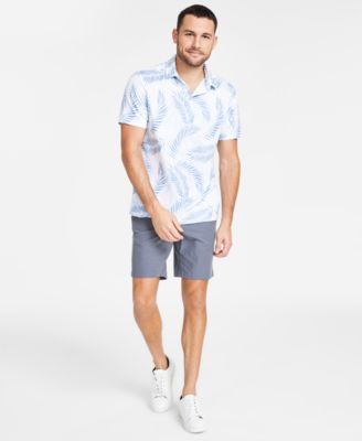 Club Room Mens Leaf Print Short Sleeve Tech Polo Shirt Stretch Cotton Shorts Created For Macys In Bright White