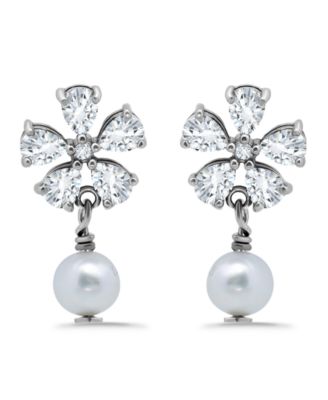 White Cultured Pearl and Cubic Zirconia Floral Top Drop Earring