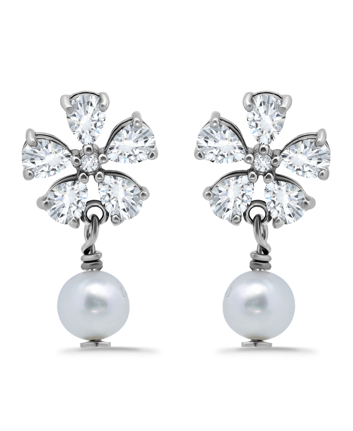 Shop Macy's White Cultured Pearl And Cubic Zirconia Floral Top Drop Earring In Silver
