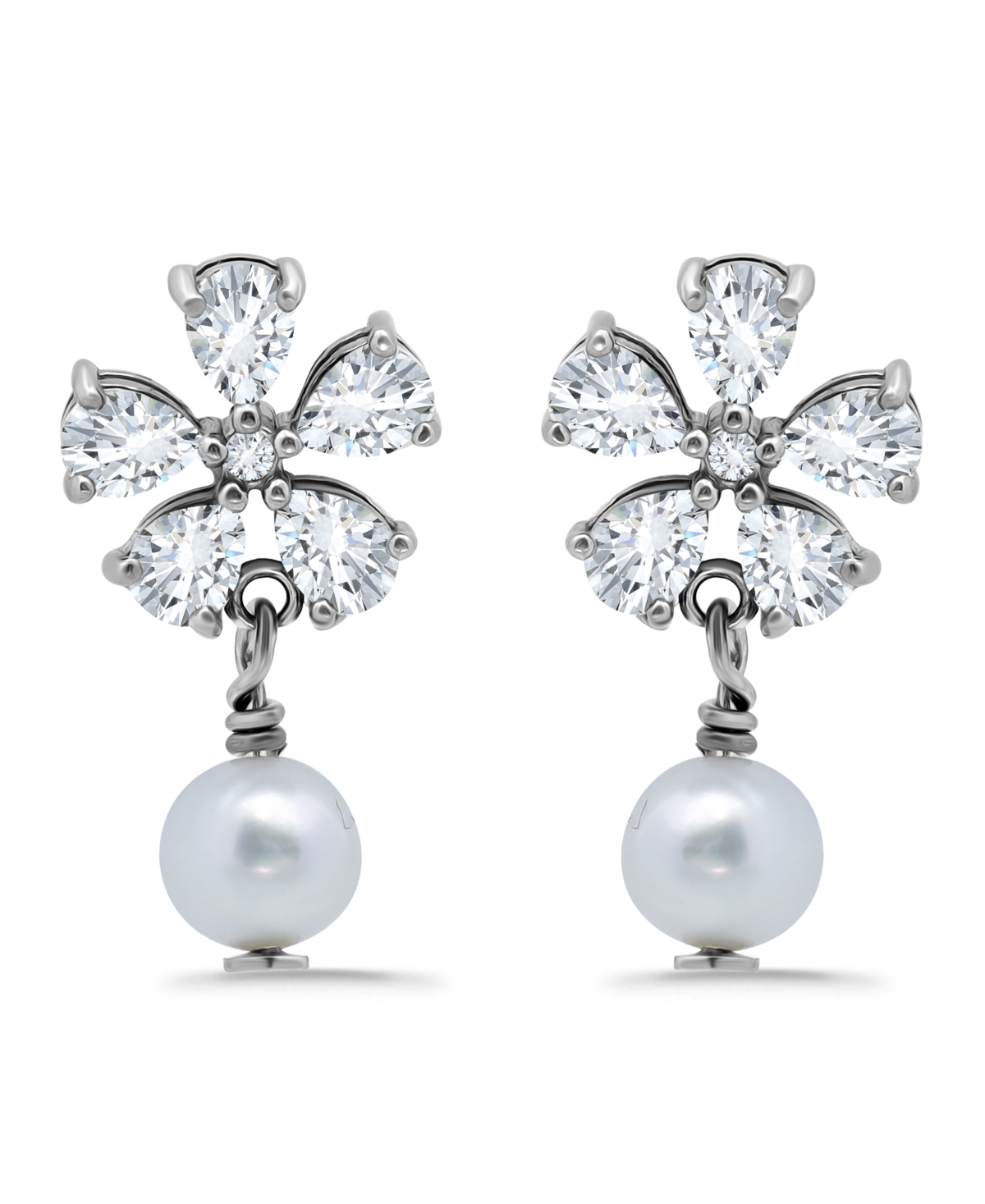 Macy's White Cultured Pearl And Cubic Zirconia Floral Top Drop Earring In Silver