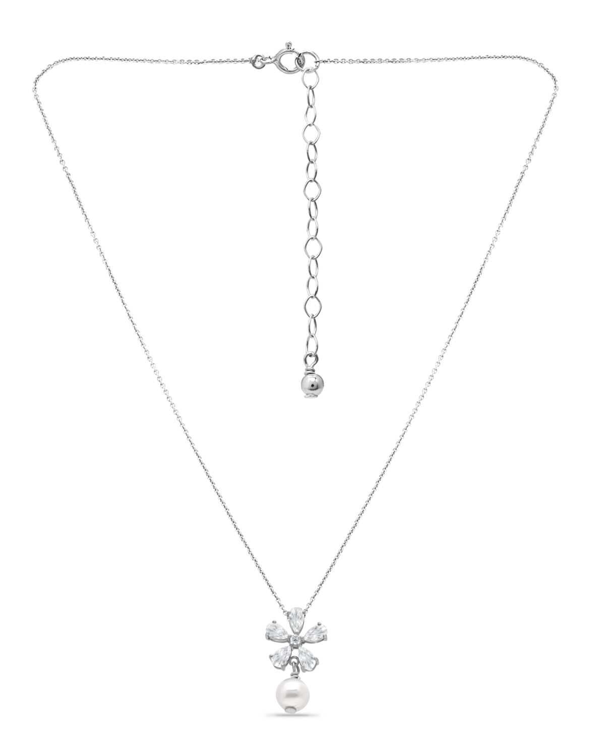 Macy's White Cultured Pearl And Cubic Zirconia Floral Pendant Necklace In Silver