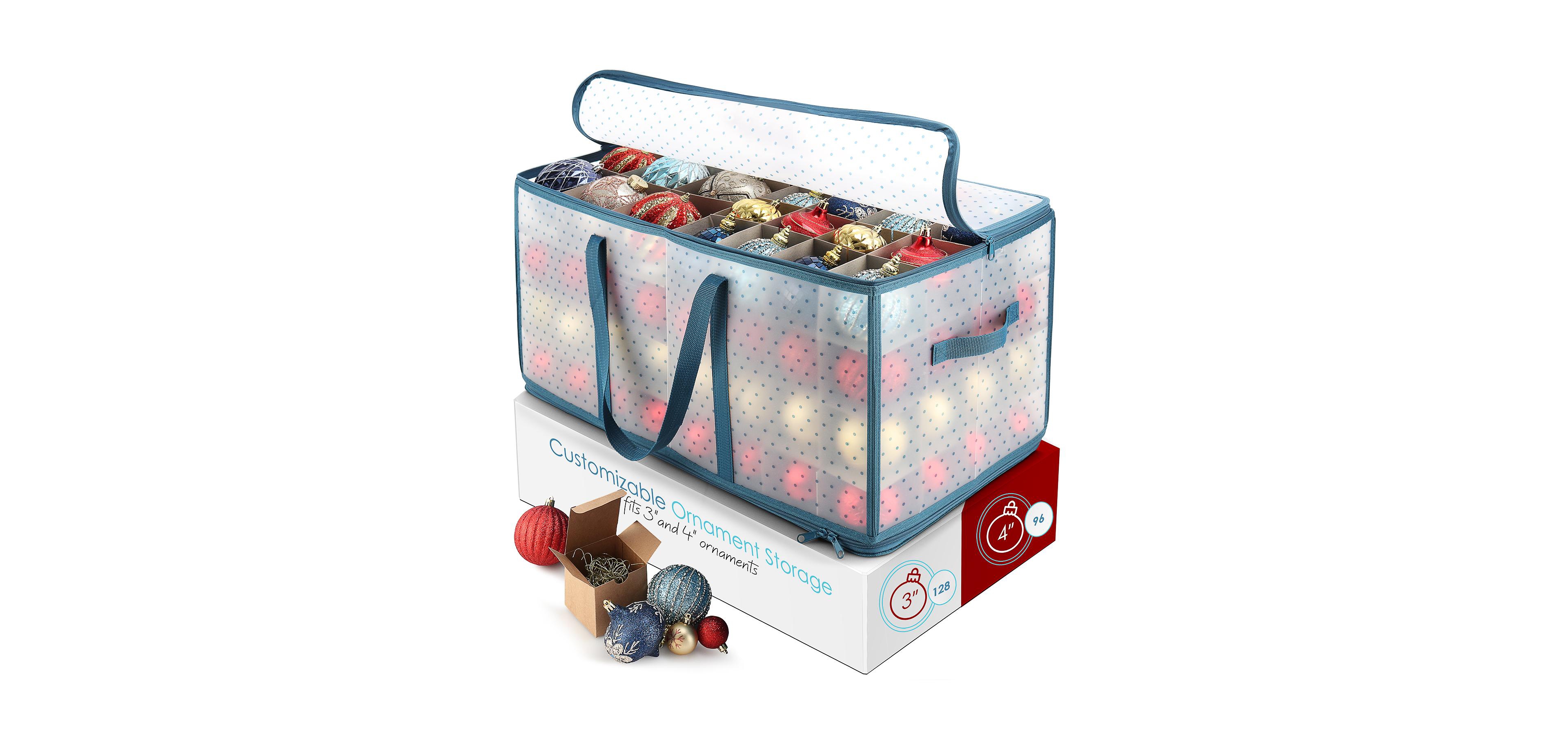 Large Christmas Ornament Storage Box with Adjustable Dividers - Holds 128 Ornaments or Decorations