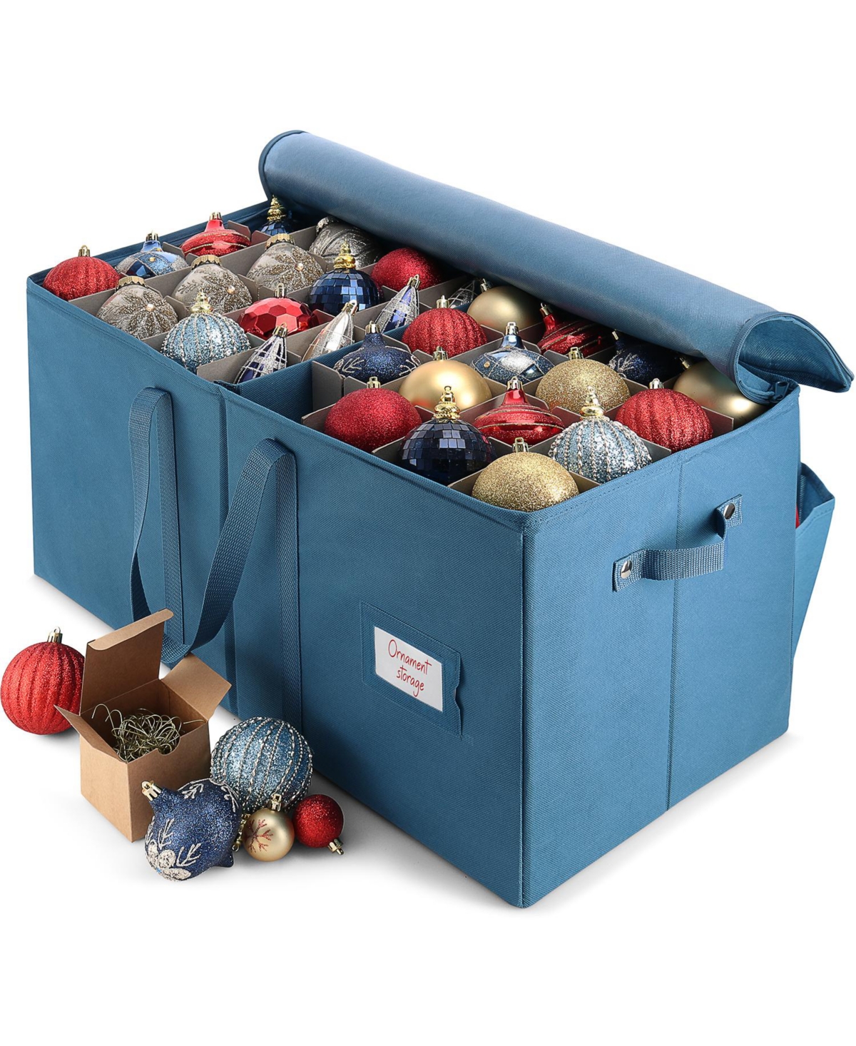 Large Christmas Ornament Storage Box with Adjustable Dividers - Holds 128 Ornaments or Decorations - White  Blue