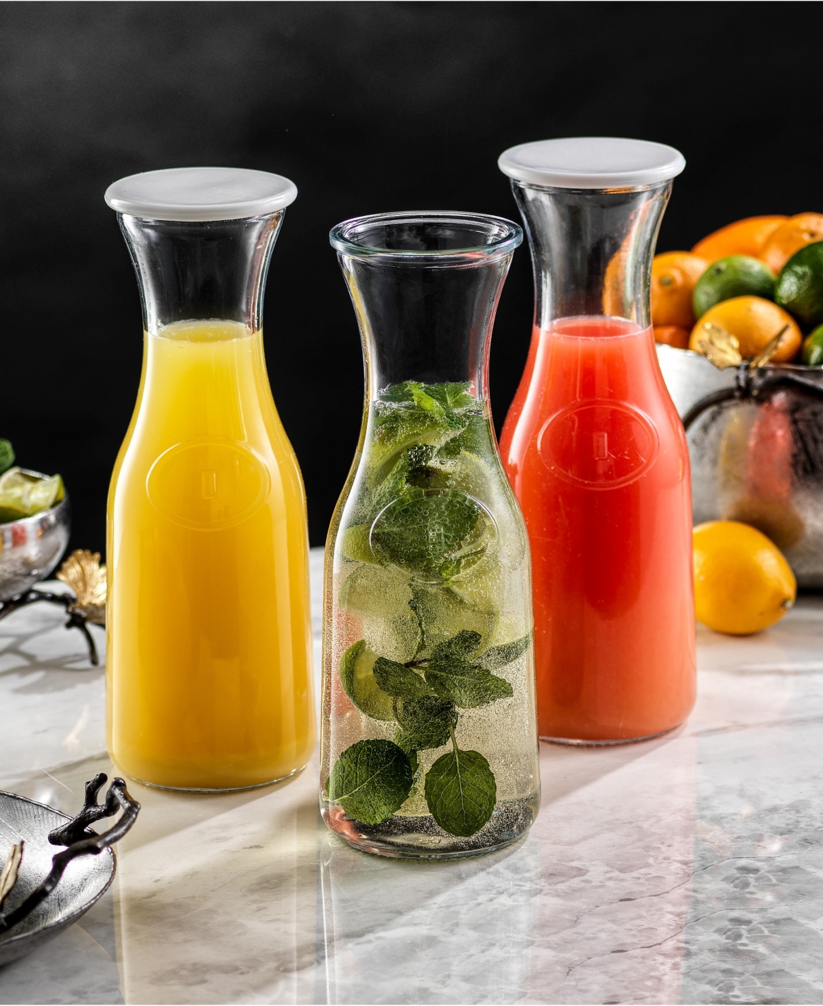 JoyJolt Hali Glass Carafe Bottle Pitcher with 8 Lids, Set of 4