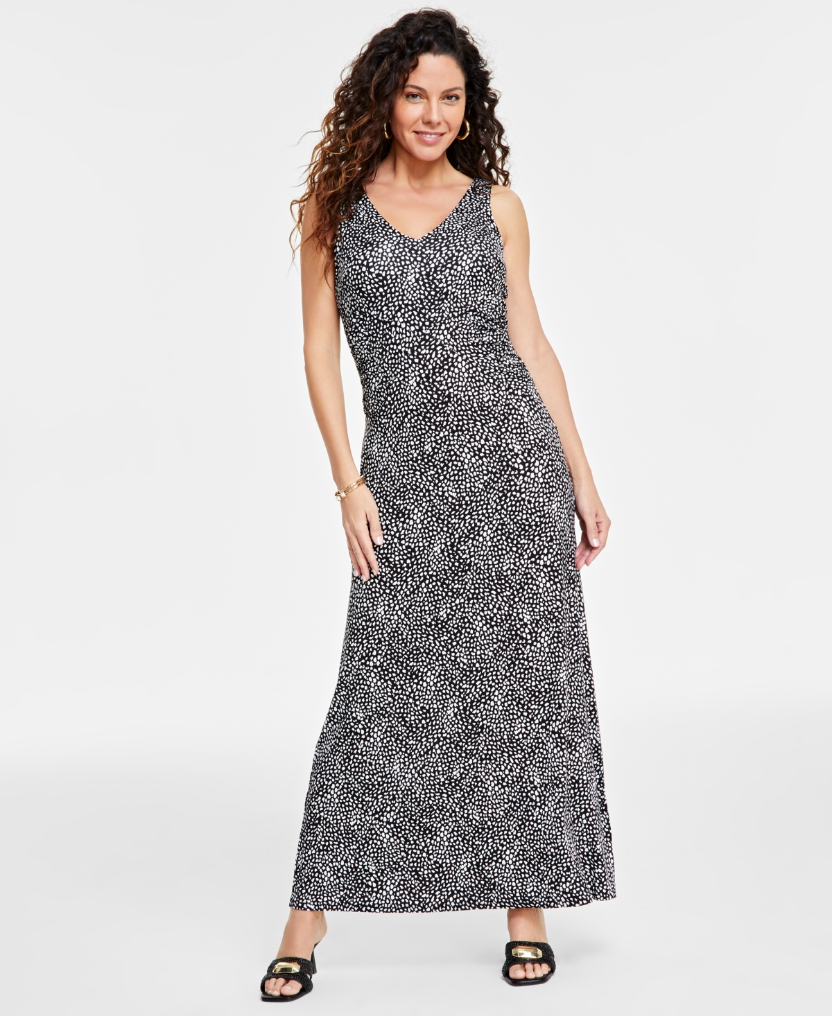 Inc International Concepts Women's Floral-print Sleeveless V-neck Maxi Dress, Created For Macy's In Micro Spots Black