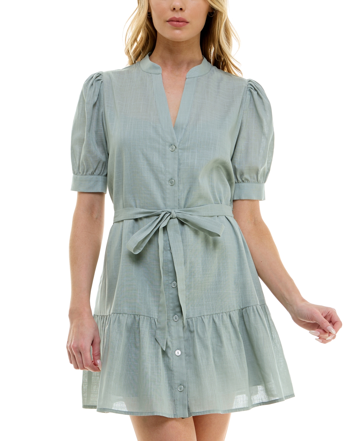 Shop B Darlin Juniors' Short-sleeve Tied Button-front Dress In Sage
