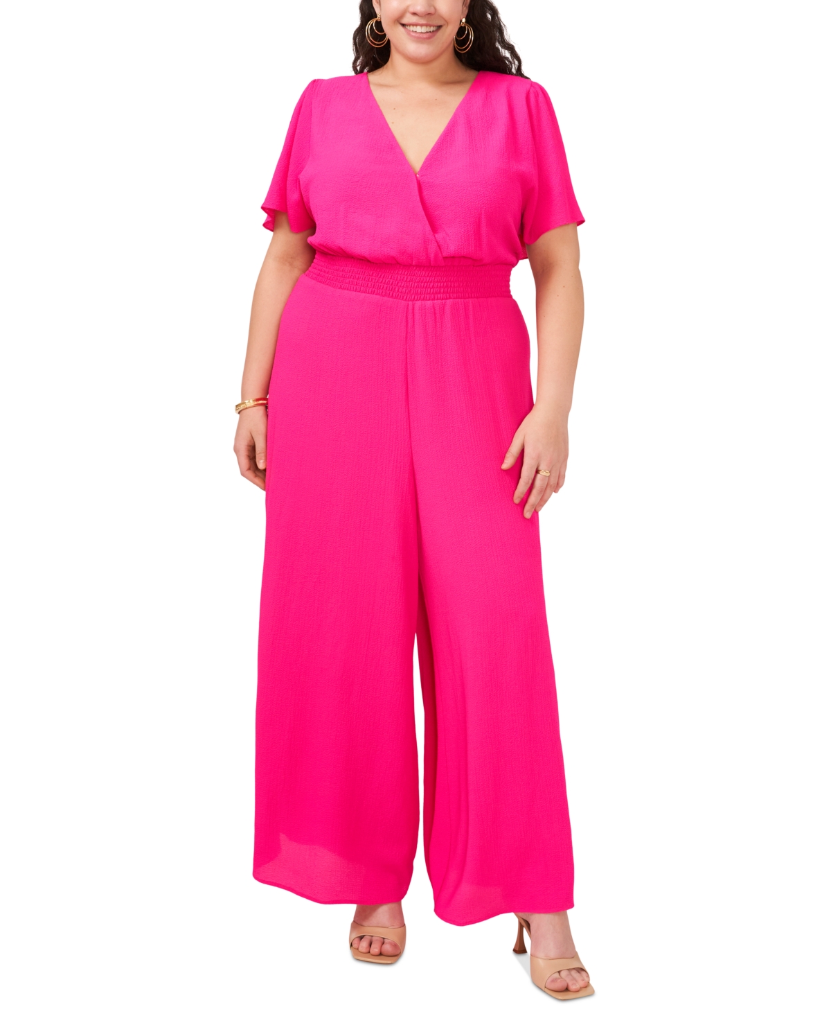 Plus Size Flutter Sleeve Smocked Waist Jumpsuit - Hot Pink