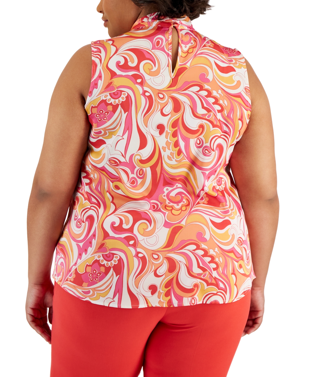 Shop Tahari Asl Plus Size Printed Sleeveless Bow Blouse In Pink Swirl