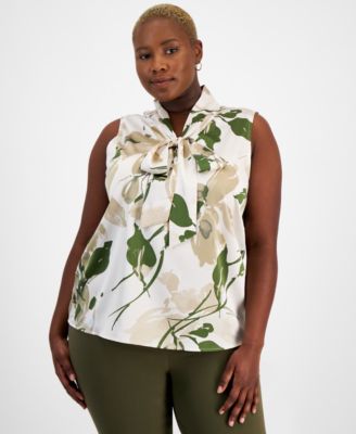 Tahari ASL - Plus Size Printed Sleeveless Bow Blouse
