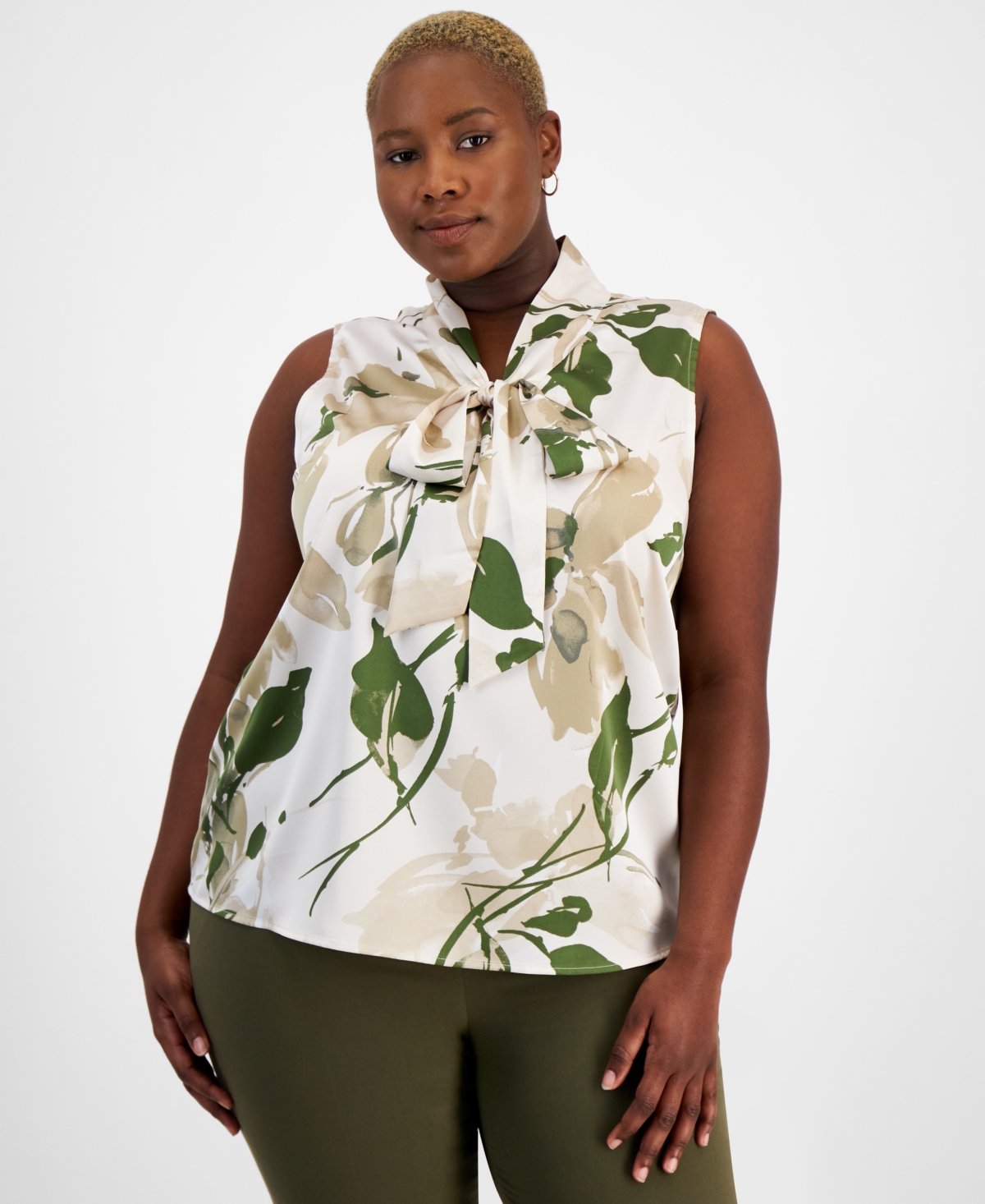 Plus Size Printed Sleeveless Bow Blouse - Sand/loden