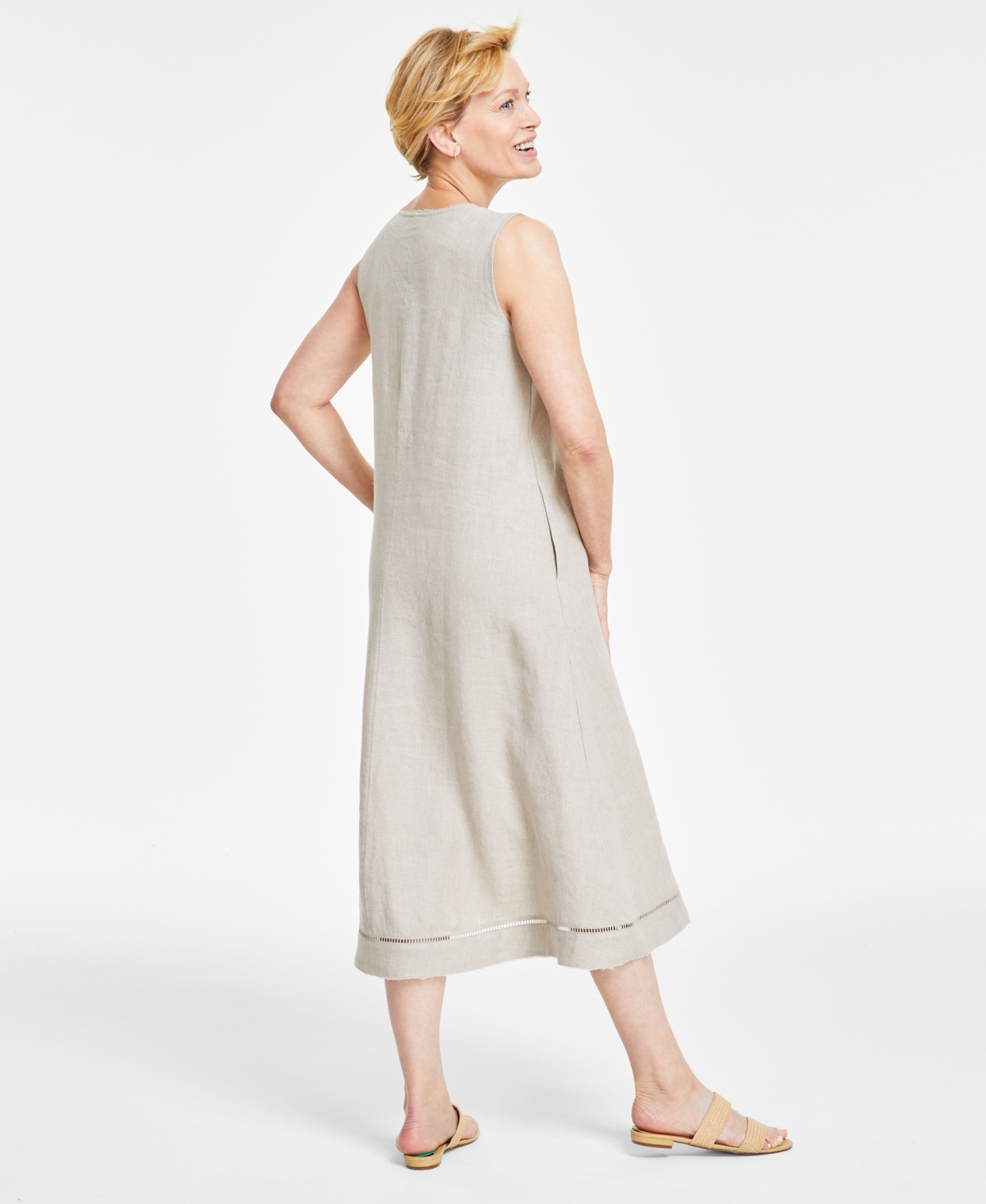 Shop Charter Club Women's 100% Linen Ladder-stitch Midi Dress, Created For Macy's In Flax Combo