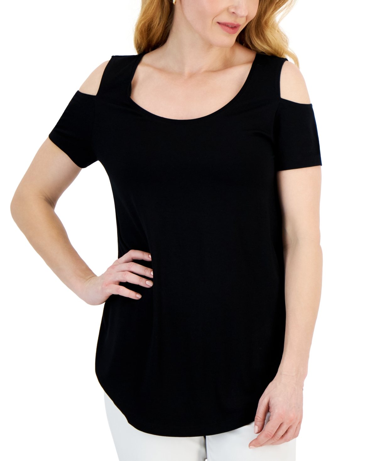 Jm Collection Women's Short Sleeve Scoop-neck Cold-shoulder Top, Created For Macy's In Deep Black