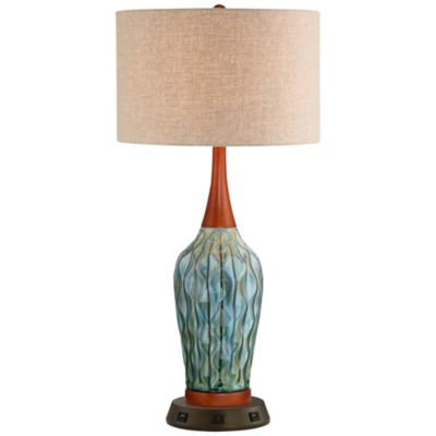 Mid Century Modern Table Lamp with USB and AC Power Outlet Workstation Charging Base 30" Tall Blue Ceramic Bedroom (Color May Vary)