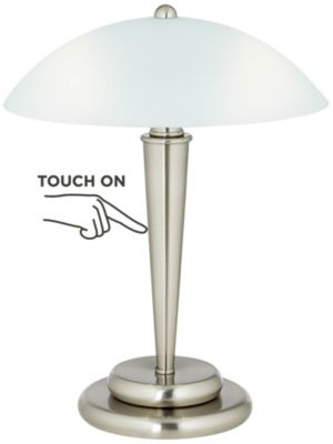 Deco Modern Accent Table Lamp 17" High Brushed Steel Touch On Off White Glass Dome Shade for Bedroom Bedside Nightstand Office Family