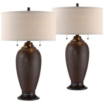 Cody Rustic Farmhouse Table Lamps 26" High Set of 2 Hammered Oiled Bronze Oatmeal Linen Drum Shade for Bedroom Living Room Bedside House