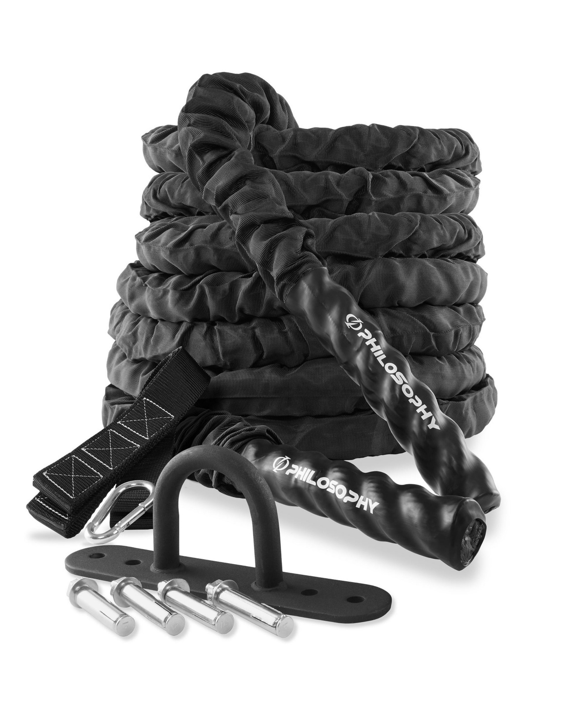50 Foot Exercise Battle Rope 1.5 Inch Diameter with Cover and Anchor Kit - Black