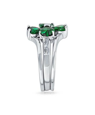 St Patrick Shamrock Irish Green CZ Flower Lucky Four Leaf Clover Inset Ring Set Sterling Silver Cubic Zirconia