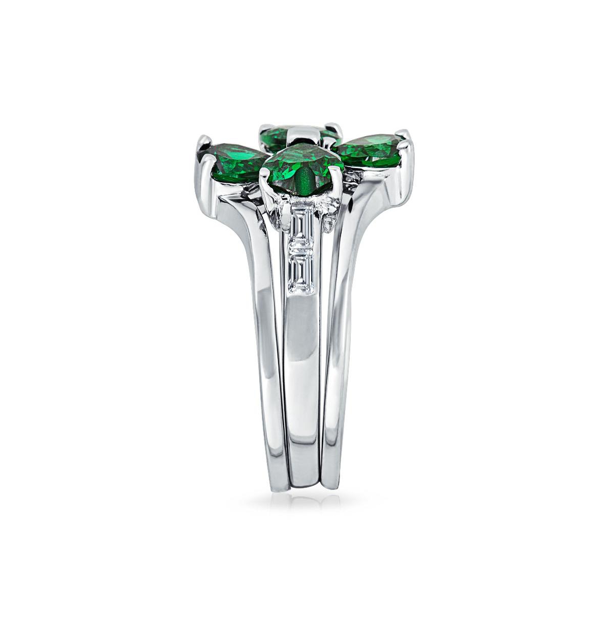 Bling Jewelry St Patrick Shamrock IrishCz Flower Lucky Four Leaf Clover Inset Ring Set For Women Sterling Silver Cubic Zirconia - Green