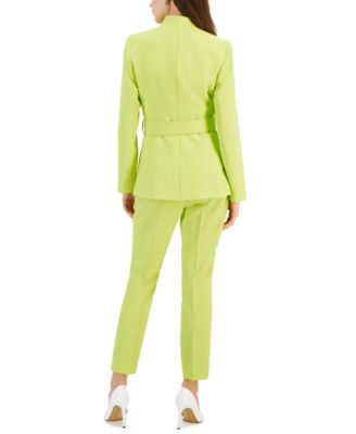 Shop Tahari Asl Womens Belted Wrap Collarless Blazer Sleeveless Bow Neck Blouse Classic Straight Leg Pants In Lime