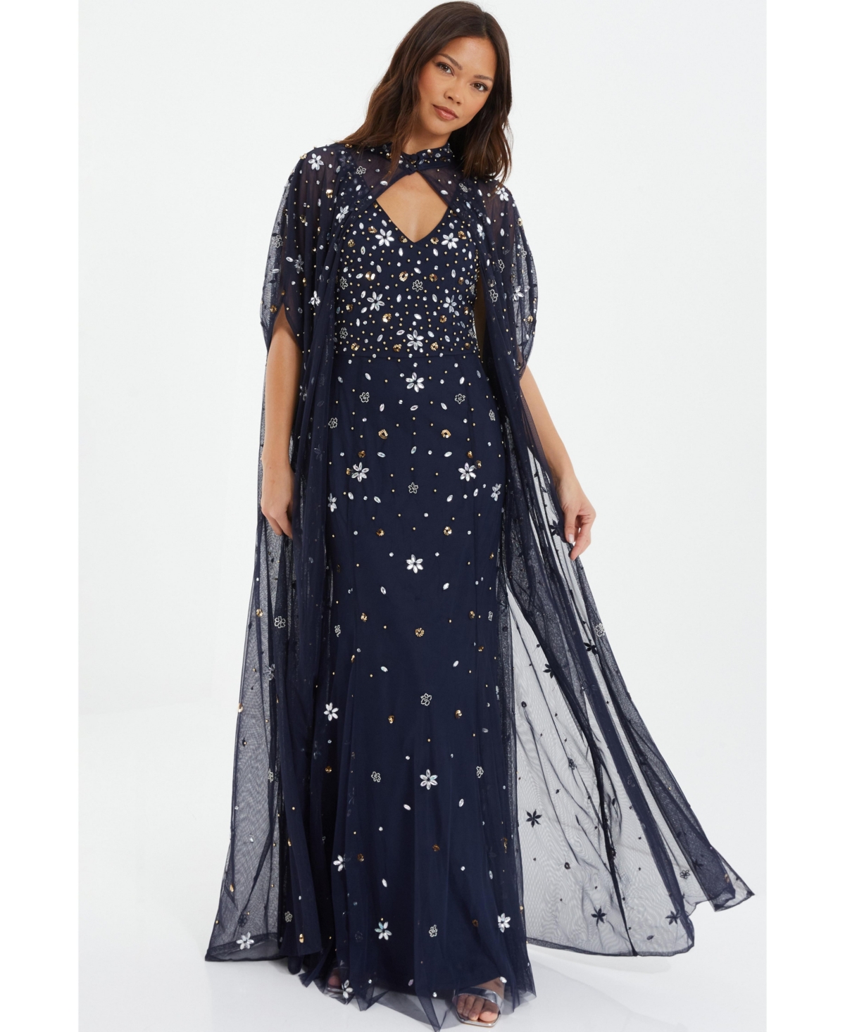 Women's Beaded 2-In-1 Cape And Evening Dress - Blue