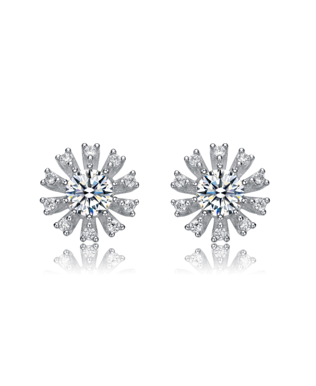 SterlingWhite Gold Plated Round and Baguette Cubic Zirconia Flower Stud Earrings - Silver