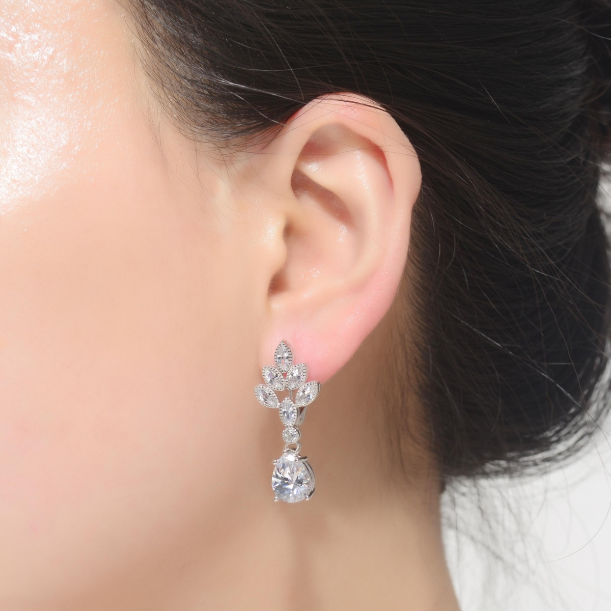 Chic Sterling Silver White Gold Plated Clear Cubic Zirconia Accent Teardrop Dangle Earrings