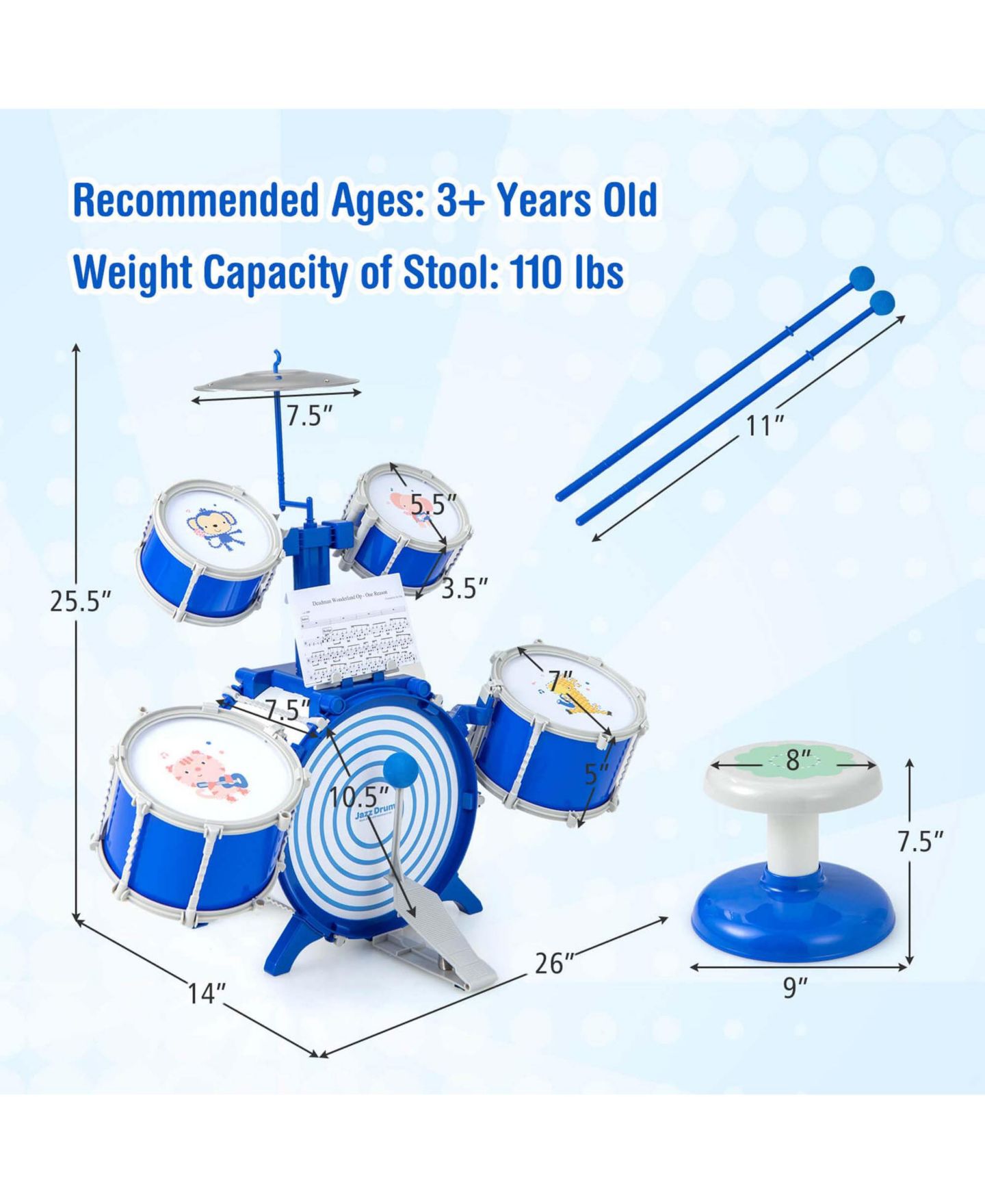 Детские игрушки Costway Kids Percussion 5-Piece Drum Set, Ages 3+, цвет: Синий — фото 2