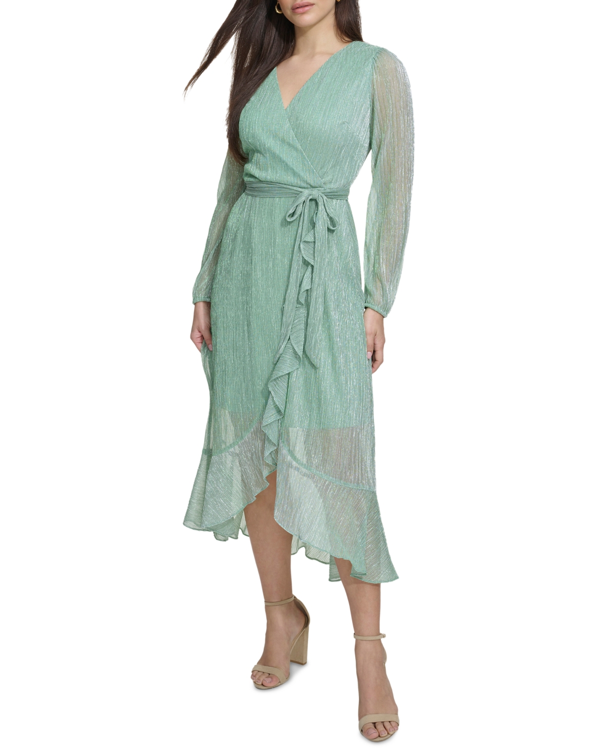 Shop Kensie Ruffled Faux-wrap Dress In Sage