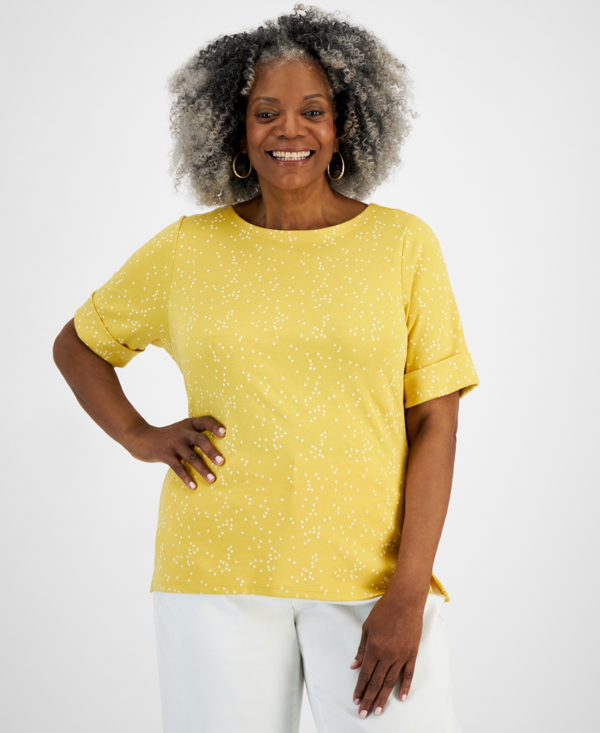 Style & Co Plus Size Printed Elbow-sleeve Top, Created For Macy's In Mini Star Yellow