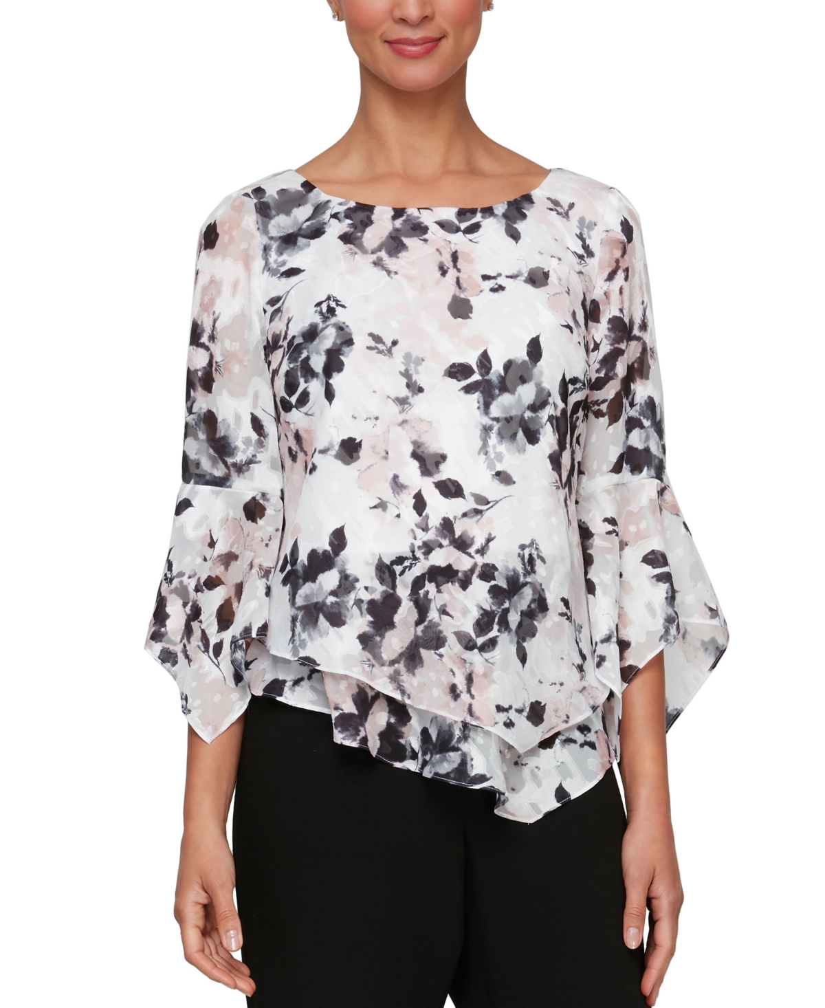 Alex Evenings Petite Printed Asymmetrical Blouse In Ivory,pink